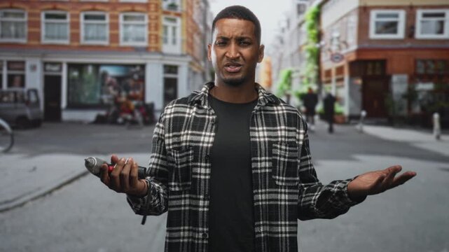 Young black man holding electric screwdriver and showing open palm while inspecting tool on an urban street, plaid shirt and furrowed brow; frustration.