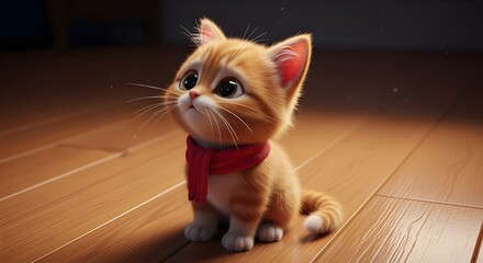 Obraz premium Adorable ginger tabby kitten illustration, featuring a cozy red scarf, sitting with endearing, soulful eyes on a warm wooden floor, expressing gentle charm