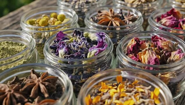 Assortment of dried herbs and spices in glass jars.