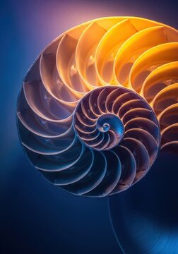 A mesmerizing close-up of a complex natural form displaying the logarithmic growth pattern known as the golden ratio spiral, flow, background, symmetry