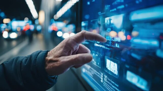 Medium shot focusing on a user interacting with the smart fridges digital panel as it downloads and applies the latest operating system improvements