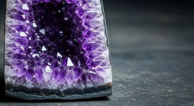 Detailed macro photograph showing sharp geometric crystalline structures within a large purple amethyst geode formation on a rocky surface, purple, close up, geology
