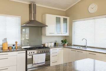 Stainless steel range is sitting in modern kitchen, gleaming over granite counters with knife block