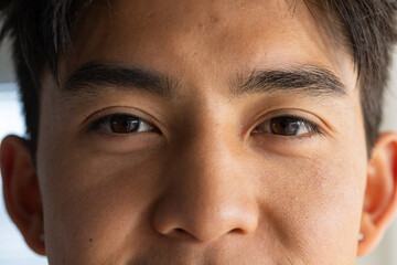 Asian man looking into camera in room near window, showing brown eyes and skin texture