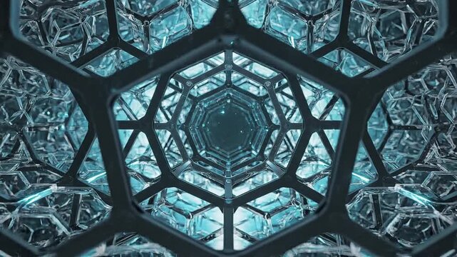 Abstract Sci-Fi Tunnel Loop - Futuristic Hexagonal Grid with Glowing Blue Lights and Geometric Patterns.