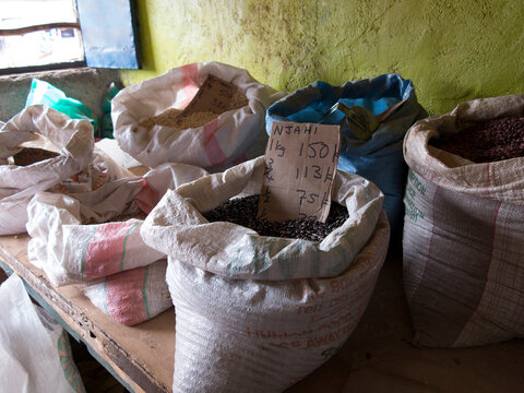 Beans, including Njahi beans, are sold in bulk at a shop in Nairobi, Kenya.