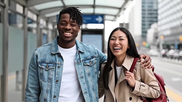 Young diverse couple smiling and laughing together while walking in a city underpass showcasing connection friendship and urban lifestyle moments
