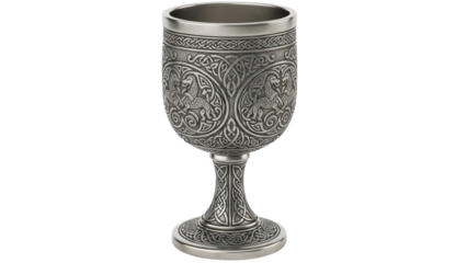 Detailed silver cup with intricate designs and Celtic patterns displayed on a plain background