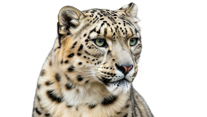 Snow leopard looking from the side with clear background showing features and markings of its fur