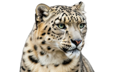 Snow leopard looking from the side with clear background showing features and markings of its fur