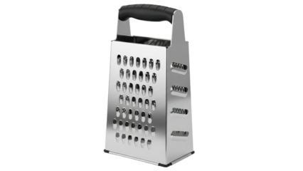 Stainless steel kitchen grater used for shredding vegetables and cheese on a kitchen counter during meal preparation