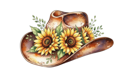 Colorful cowboy hat with sunflowers and greenery placed on a white background