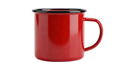 Red mug sits alone on a white background showcasing simple design and color details without distractions from other objects or scenery