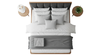 Modern bedroom design with a neatly arranged bed and decor in a minimalist style focusing on comfort and organization