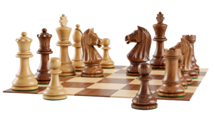 Chess pieces arranged on a wooden board during a game in a living room setting in the afternoon
