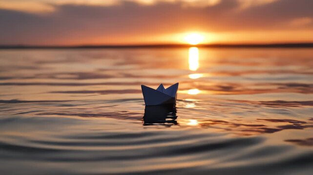 Man's hand launches paper boat on the water and pushing it away during beautiful sunset with reflection sun in the sea in slowmotion.