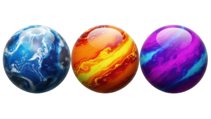 Colorful marbles depicting different designs and colors arranged in a row on a simple background