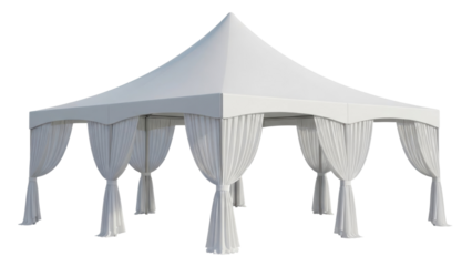 White tent with draped curtains set up for outdoor event during daytime in a clear sky setting