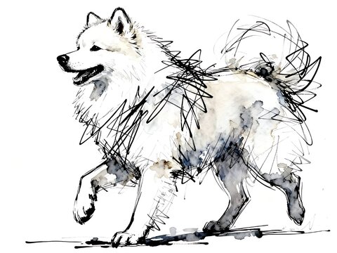 Minimalist abstract sketch series : happy American Eskimo dog, isolated studio portrait of a canine pet in pure white background 008
