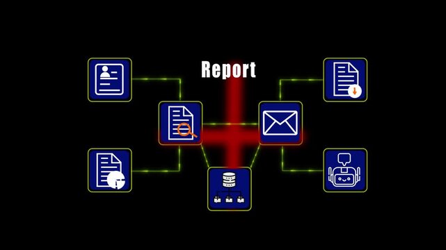 Advanced digital report interface featuring an AI chatbot, data analytics management, a secure server network, and global communication icons for professional business.
