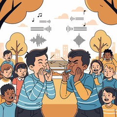 Obraz premium Children playing musical instruments in park, sound waves and notes illustration