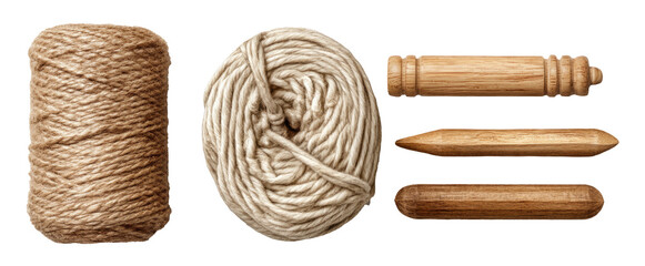 Detailed Fishing Net Repair Tools on Wooden Background in Photorealistic Style