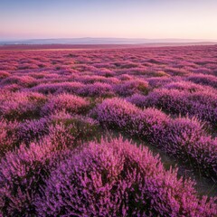 Obraz premium Wide scenic view of a vast, misty moorland landscape covered completely by blooming pink and purple heather plants in late summer light, moorland, hills, scenic view