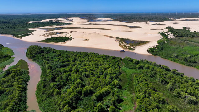 Parnaiba Delta At Parnaiba In Piaui Brazil. Nature Scenery. Brazilian Delta Of The Americas. Parnaiba Delta At Piaui. Winding River. Beach Landscape. Vacations Travel. Brazil Northeast.