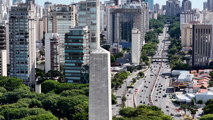 23Rd Avenue In Sao Paulo  Brazil. Freeway Road. Obelisk Monument. Downtown District. 23Rd Avenue In...