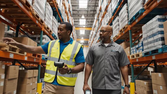 Workers walking and discussing stock inventory against tall shelves, in a warehouse with bright lamps.