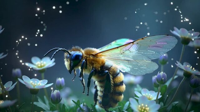 Macro of a fuzzy bee with iridescent wings on glowing white flowers in a night garden with sparkling light particles. Magical fantasy nature scene