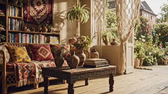 Bohemian Living Room with Boho Decor and Plants.