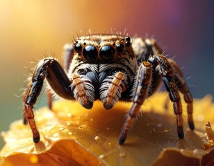 Close-up macro of a jumping arachnid with multi-eyes, sitting on a colorful leaf with bokeh background