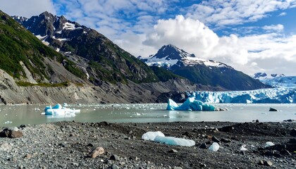 A scenic Alaskan landscape showcases a stunning glacier lake, surrounded by mountains, icy blue icebergs, and a textured shoreline