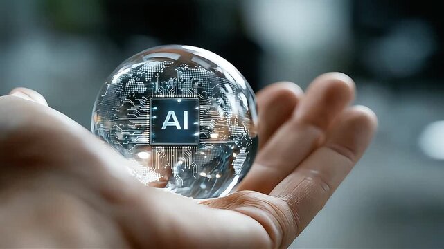 A man is holding a globe with the word AI ethics written. The globe is surrounded by AI robotic,Concept of the importance of ethical AI.