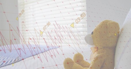 Sitting teddy ribbon bow leaning right bedside by blinds, red grid overlay and markers, copy space