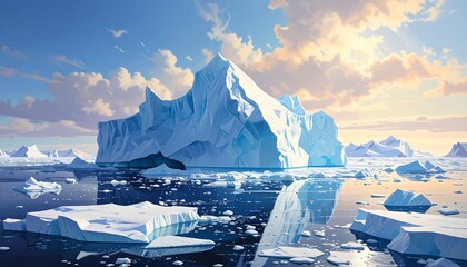 A scenic arctic landscape showcases a massive iceberg floating in the frigid sea. Clouds and sunlight enhance the majestic view