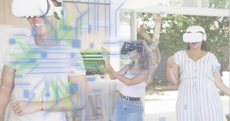 Exploring three adults wearing casual clothes interacting at home, with VR headsets and AR overlay