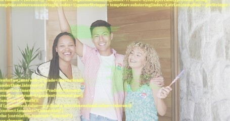 Naklejka premium Posing trio wearing striped shirt, yellow top, green dress at wooden door with stickers and overlay