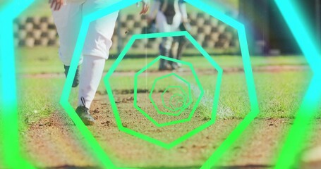 Stepping athlete lower body wearing white pants and black cleats on dirt infield, neon overlay