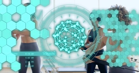 Running three women wearing sports bras and leggings using treadmills at gym with teal overlay