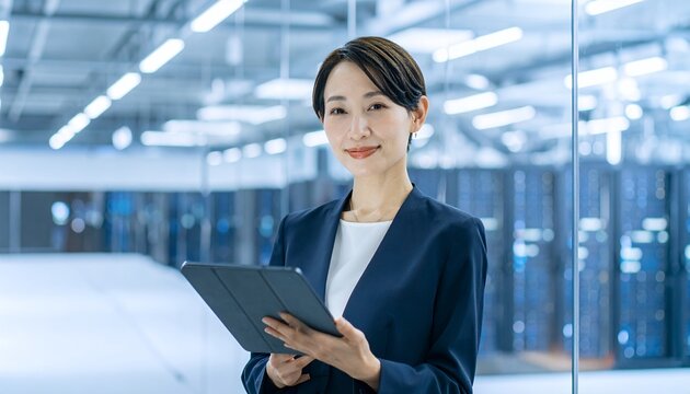 Confident Asian businesswoman using tablet in modern office setting.