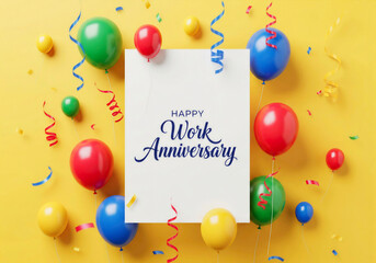 Celebrate your work anniversary with festive balloons and confetti on a bright yellow background
