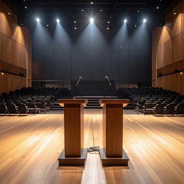 Empty auditorium with two podiums ready for a presentation.