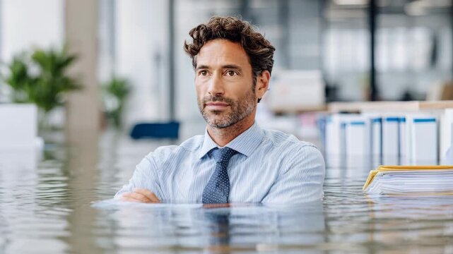 A man in a suit sitting in an office flooded with water, looking thoughtfully into the distance.