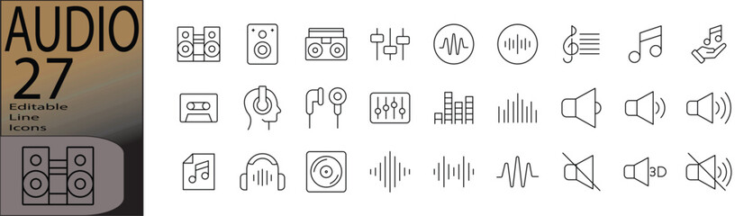 Audio line editable icon set. Editable stroke. Vector illustration.