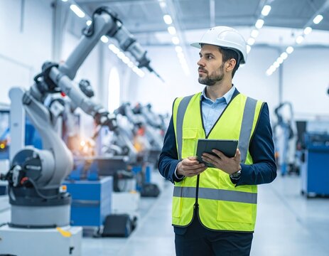 Engineer Overseeing Robotic Welding in a Modern Factory.