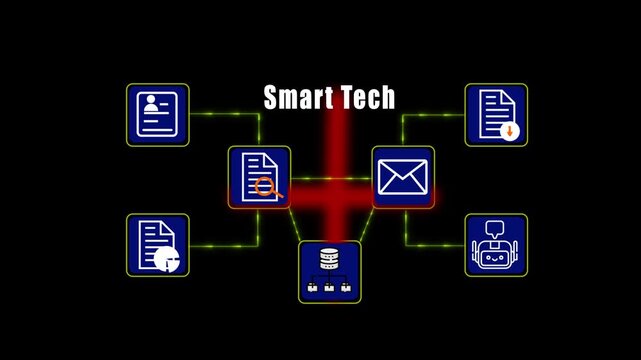 Advanced smart tech ecosystem featuring an artificial intelligence chatbot, data management icons, secure server database, and digital network connectivity for business automation.
