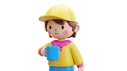 3D Cartoon Child Holding a Blue Mug