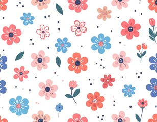 Whimsical floral pattern on a white background with a colorful arrangement of hand-drawn flowers and leaves